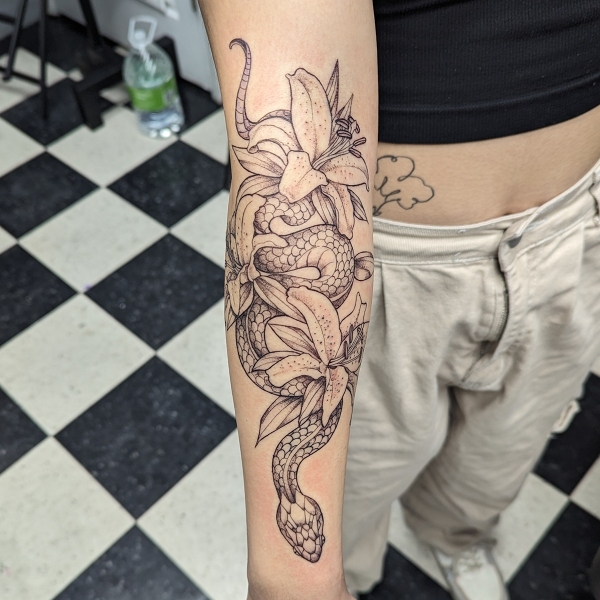 Fineline Snake with Lily Flowers Tattoo
