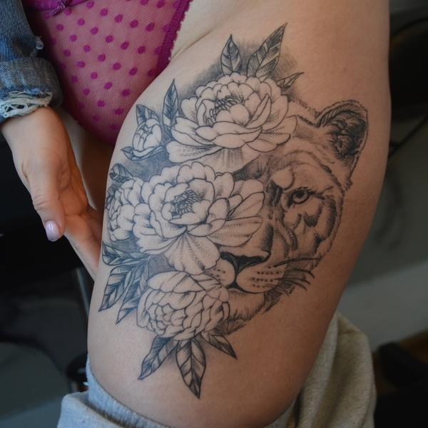 Peony Lioness Tattoo Thighpiece