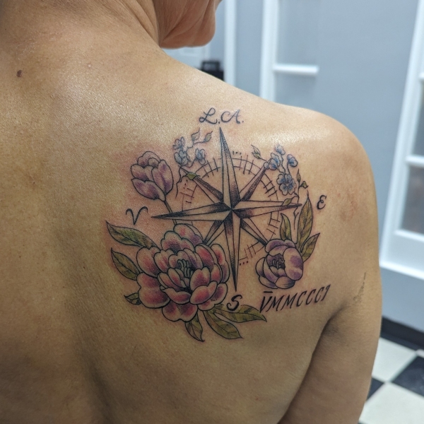 Fineline Peonies and compass tattoo