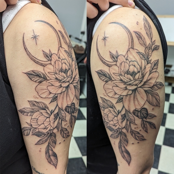 Fineline Peonies with Moon Tattoo
