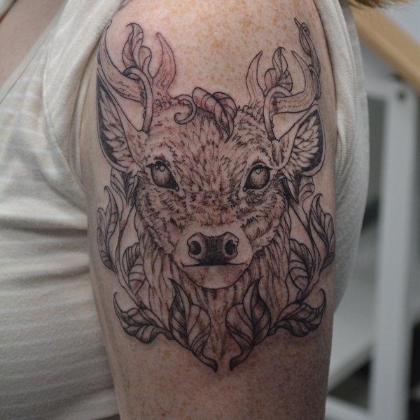 Deer Stag with Vines in Antlers Tattoo