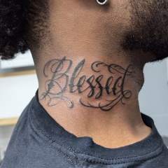 blessed-lettering-tattoo-on-neck