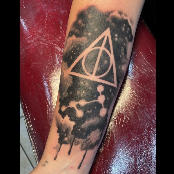 black space galaxy tattoo harry potter with deathly hollows and constellation tattoo