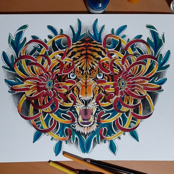 Tiger with Chrysanthemums