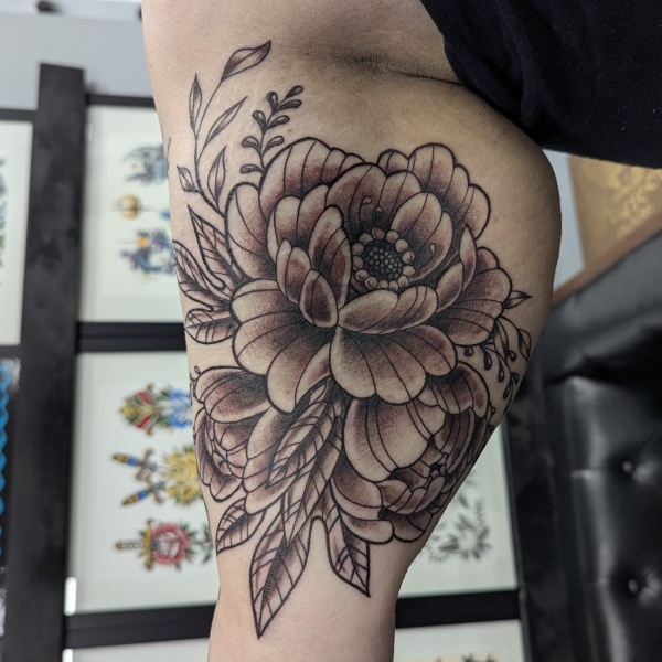 Neo-Traditional Black and Grey Peony Flower Tattoo