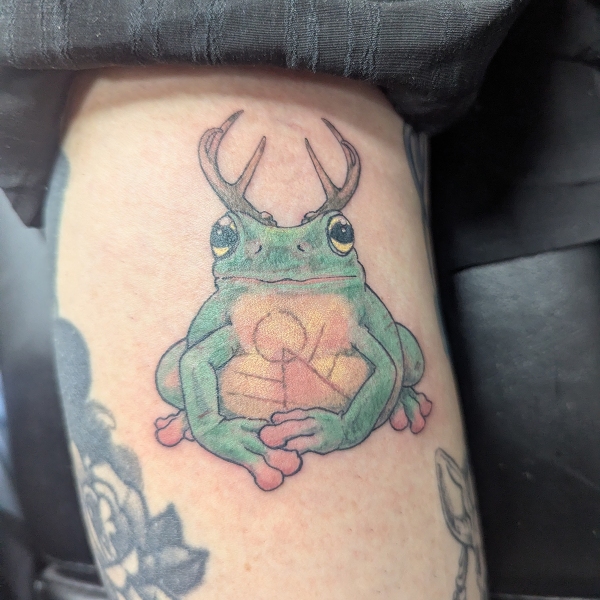 Neo-traditional frog tattoo from yellow jackets tv show