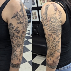 fineline-bird-and-florals-sleeve-tattoo