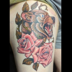 Bear with Pink Roses Tattoo
