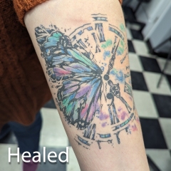 Healed Watercolor Butterfly Clock Tattoo