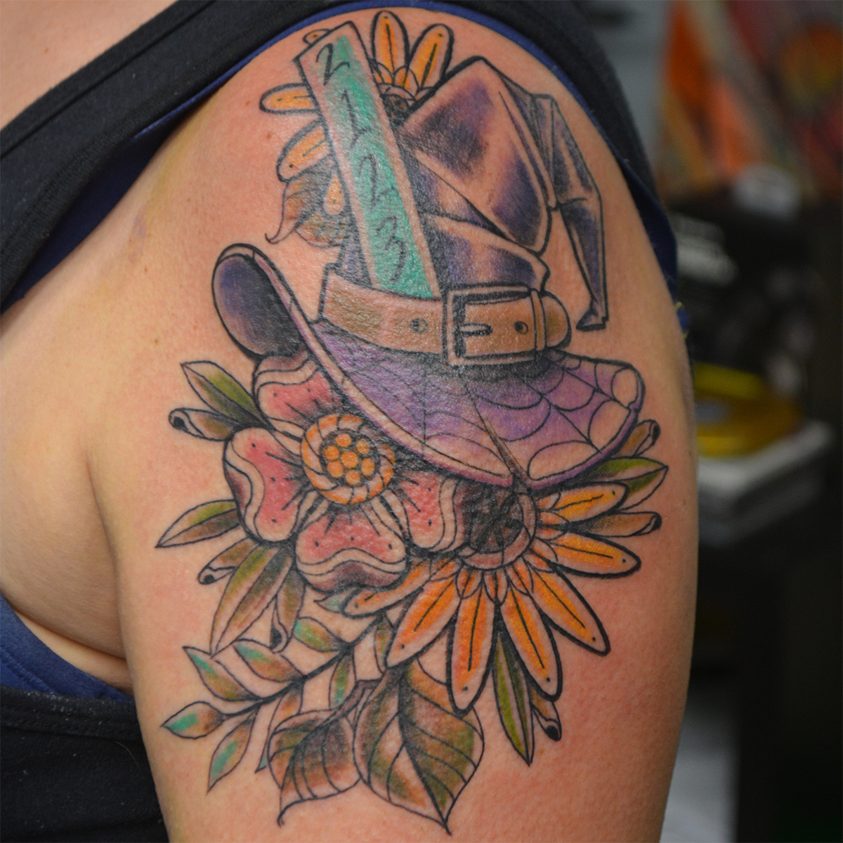 Traditional Witch's Hat with Flowers Tattoo